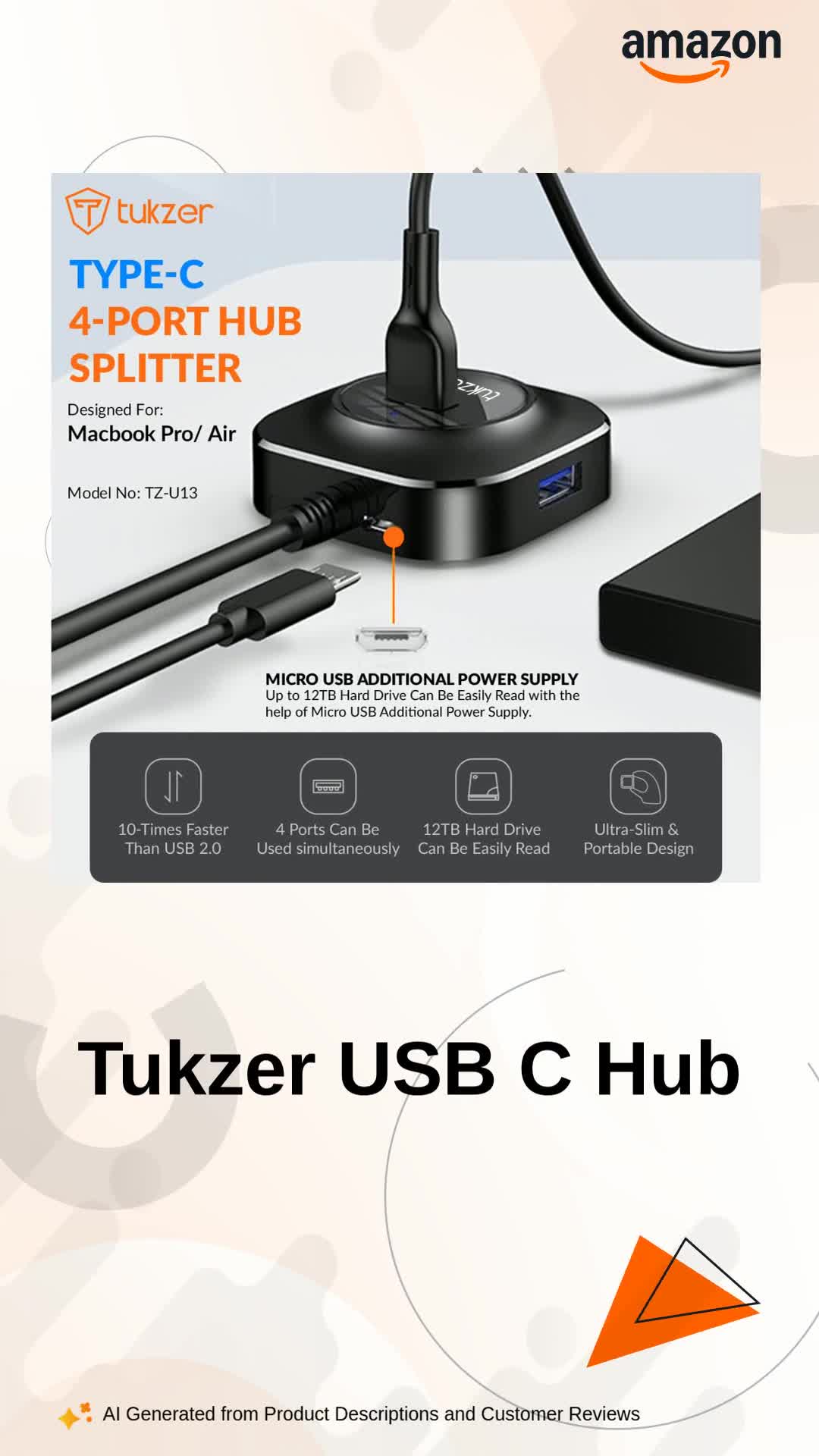 Tukzer USB C Hub Ultra-Slim USB-C Superspeed Adapter with 4 USB
